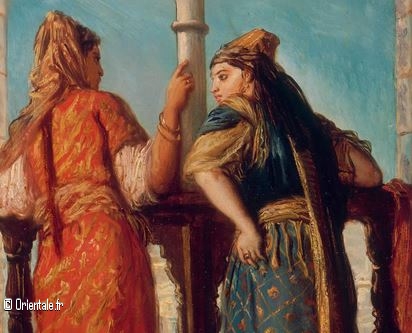 Deux femmes algriennes discutent au balcon - 19me sicle